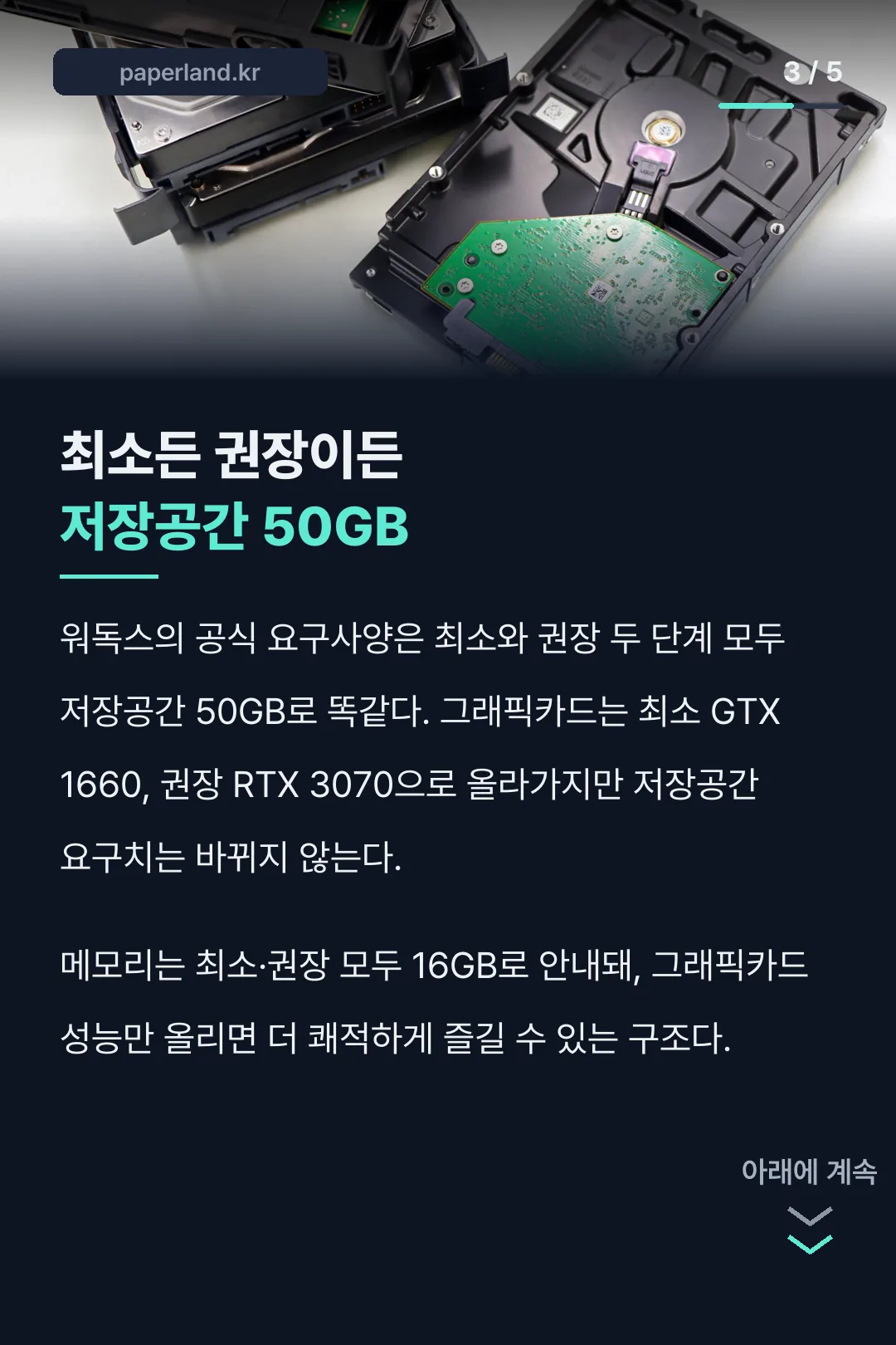 최소·권장 저장공간 50GB 동일